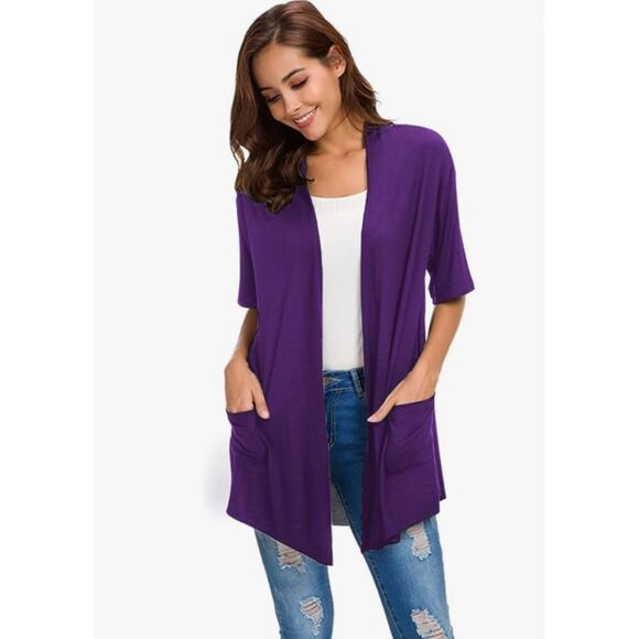 Women's Short Sleeve Open Front Modal Cardigan - Lightweight Drape Hem Sweater - Picture 5 of 6